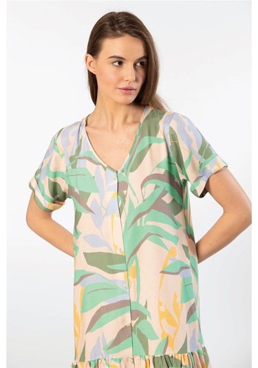 Türen 3603 Kadın Kısa Kollu Önden Düğmeli Dokuma Kloş Elbise-yeşil Yeşil