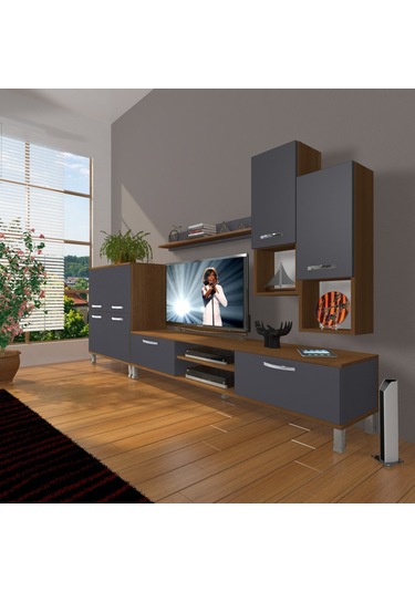 Decoraktiv Eko 6da Mdf Dvd Krom Ayaklı Tv Ünitesi Tv Sehpası Ceviz - Antrasit