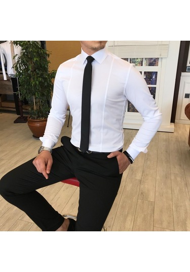 Italyan Stil Slim Fit Erkek Kravat Yaka Gömlek Beyaz T4775