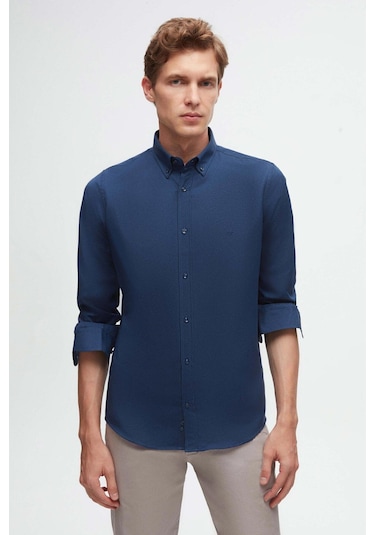 Ds Damat Slim Fit İndigo Oxford Düğmeli Yaka Kolay Ütülenebilir Nakış Detaylı Pamuklu Gömlek 4HC02ORT03265 İndigo