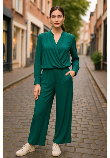 Yeşil Kruvaze Yaka Gömlek Pantolon Kadın İkili Takım - Modern Tasarım Çok Renkli