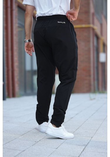 Erkek Siyah Baggy Eşofman Altı Fermuarlı Paça Kaliteli Paraşüt Kumaş Siyah