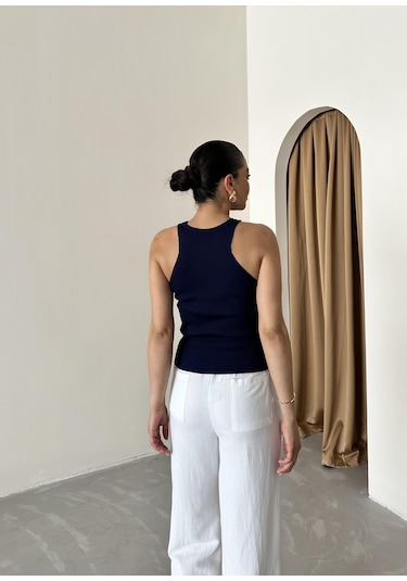 Beyaz Beli Lastikli Pamuklu Keten Pantolon Beyaz