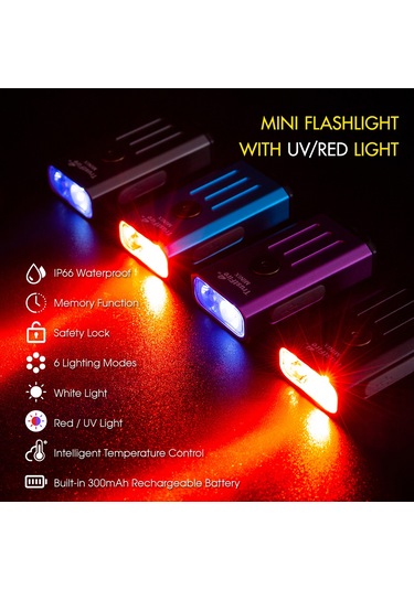 Jeehugo Alüminyum Anahtar Feneri Siyah - Beyaz 320lm Ve Kırmızı Işık, Ip66 Su Geçirmez, 300mah Pil, 86m Işık Mesafesi Çok Renkli