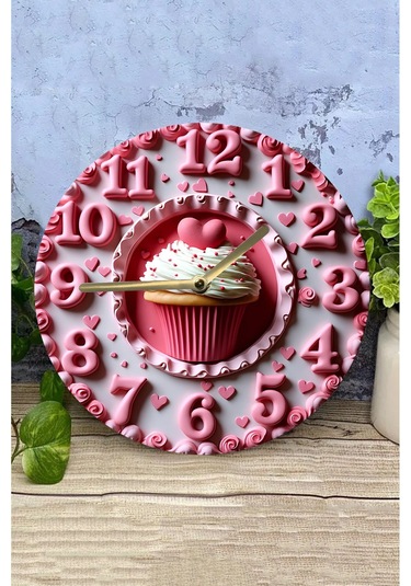 Kalpli Cupcake Temalı Mdf Duvar Saati 33 Cm, 3d Görünümlü, Sessiz Mekanizmalı, 2d Hd Baskı Sdw238 Renkli