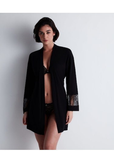 Aubade Lazy Days Kimono Seiden - Modal Kumaş Ve Dantel Detaylı Siyah