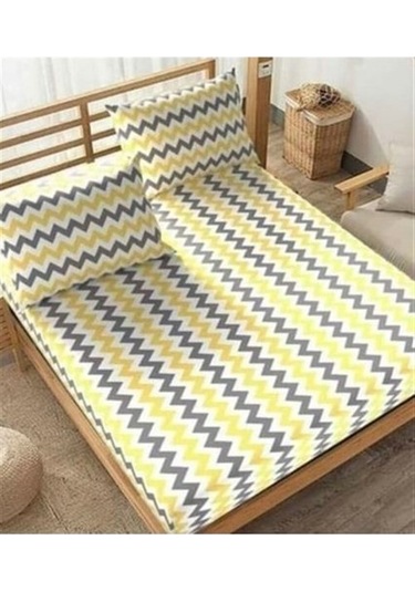 More Home Tek Kişilik Lastikli Çarşaf Seti Zikzaklı Sarı Gri