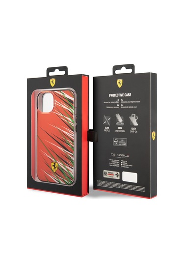 İphone Uyumlu 14 Kılıf Ferrari Lisanslı Baskı Logolu Çimen Desenli Kapak Kırmızı