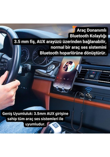 Essager Bluetooth 5.0 Araç Aux Adaptörü, Kablosuz Müzik, Telefon Görüşmesi İçin Kablosuz Ses Aktarıcı