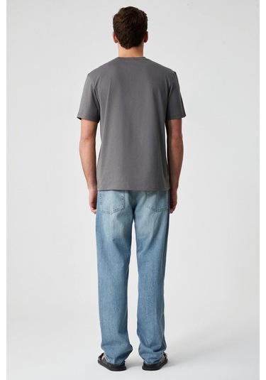 GRIMELANGE Solo Erkek %100 Organik Pamuklu Kalın Dokulu Comfort Fit Bisiklet Yakalı Gri T-shirt Gri