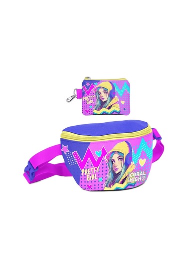 Coral High Kız Çocuk Lavanta Turkuaz Kulaklıklı Kız Desenli Bel Çantası Ve Bozuk Para Cüzdanı Set Çok Renkli