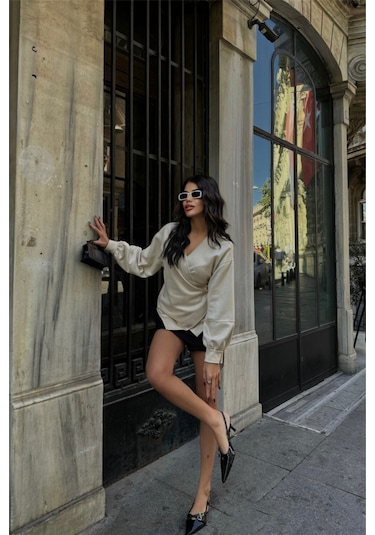 Süet Kruvaze Bluz Bağlama Detaylı - Taş Altın