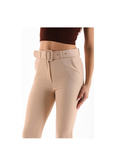 Kemerli Fermuarlı Yanlardan Cepli Geniş Paça Dabıl Kumaş Bej