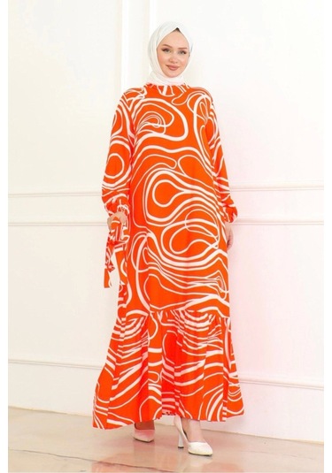 Çizgi Desenli Viskon Elbise - Turuncu Turuncu