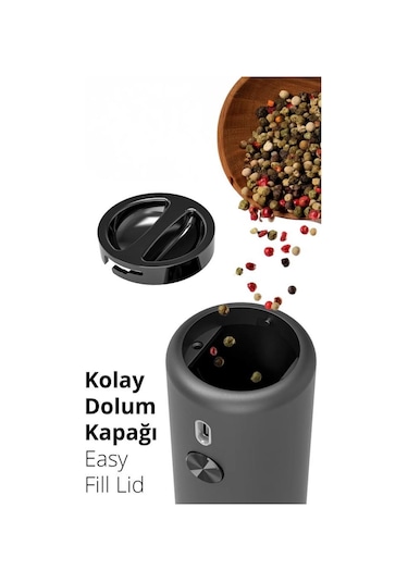 Kiwi Kspg-4851 Şarjlı Tuz Karabiber Değirmeni Otomatik Baharat Öğütücü Siyah