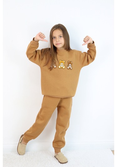 Kız Çocuk 3'lü Ayıcık Nakışlı 3 İplik Oversize Şardonlu Takım Kahverengi