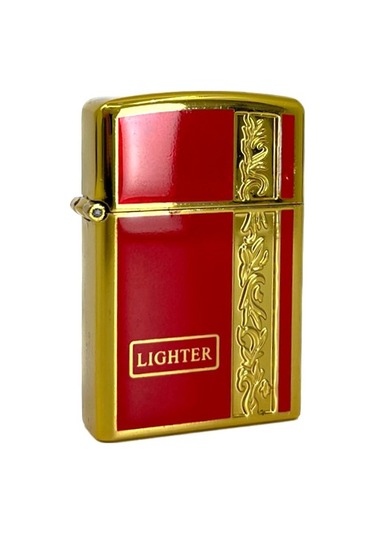 Metal Jet Alev Çakmak Gravür Şeritli Pirinç - Kırmızı Sarı