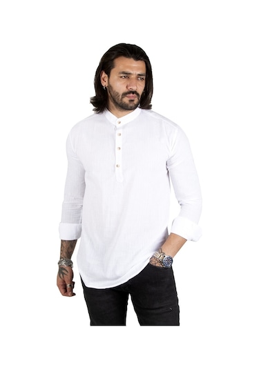 Deepsea Erkek Beyaz Yarım Düğme Gömlek 2201914 Beyaz