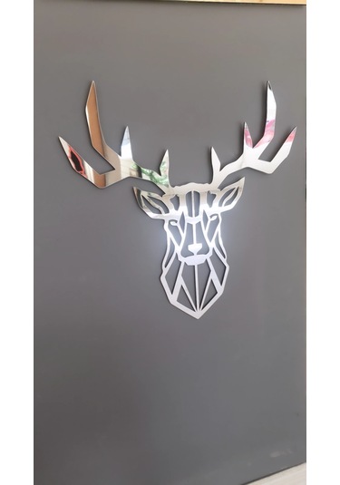 Geyik Kafası Figürü Ahşap Mdf Üzeri Aynalı Gümüş Pleksi 40x40 Cm