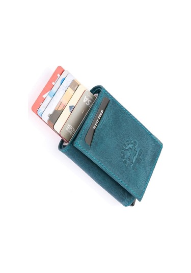 Safari Bol Kartlık Bölmeli Hakiki Deri Unisex Mekanizmalı Cüzdan Turkuaz