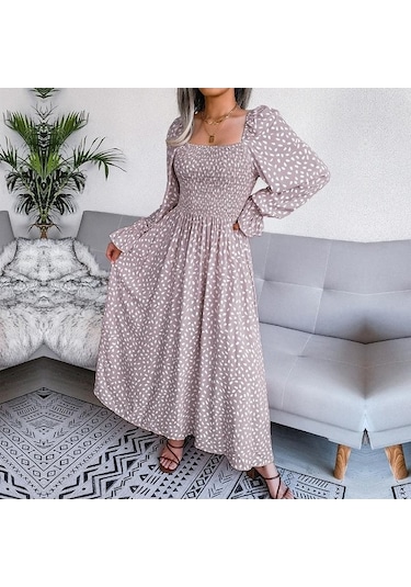 Novahub Sonbahar-kış Kare Yaka Uzun Kollu A-line Pileli Elbise Kırmızı S-xl Kadın Giyim Kırmızı