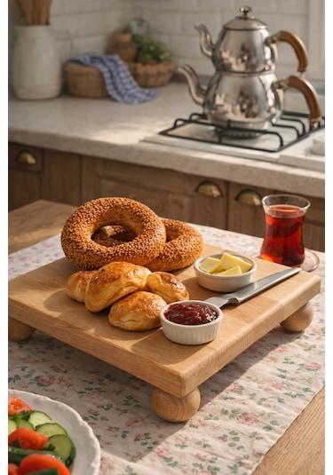Kayın Ağacı Risus Top Ayaklı 25x25 Cm Ayaklı Kare Sunumluk Pasta, Kek Ve Kahvaltı Servis Tabağı Açık kahverengi