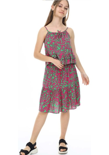 Kız Çocuk Askılı Yazı Desenli Bluz Etek Takımı