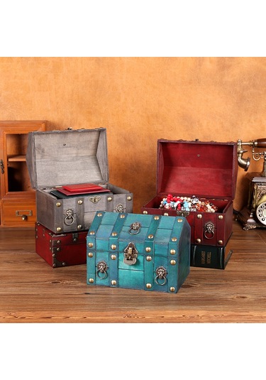 Vintage Kırmızı - Küçük Yüzyıl Kilidi Kilit Ve Şifreli Ev Şeklinde Ahşap Saklama Kutusu A