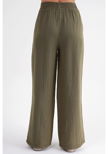 4286 Kadın Bol Paça Beli Lastikli Müslin Palazzo Pantolon Haki Haki