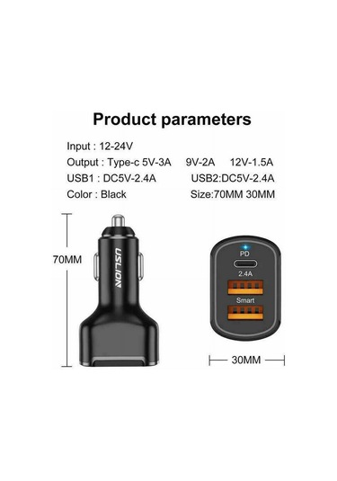 Springsun 30w Pd 3 Lü Usb Araç Şarj Cihazı, 2.4a Hızlı Şarj, Type-c + 2 Usb, İphone, İpad, Android Uyumlu, Siyah