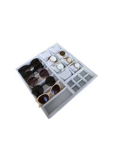 Organizatör Gri Süet Tabla Kolye & Yüzük Düzenleyici Ve Gözlük 8 Yastık 6 Gözlük & 6 Bölmeli 36x38 Çok Renkli