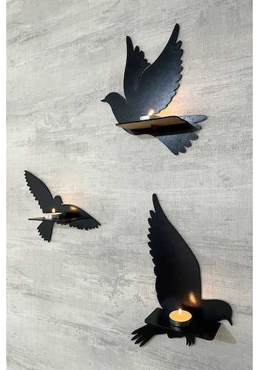 Dekoratif Kuş Duvar Rafı 3 Lü Set 30 Cm Duvar Mumluğu Siyah