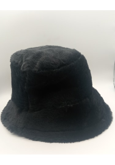 Kadın Kışlık Tüylü Bucket Siyah Şapka Siyah