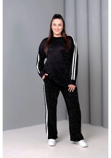 Önü Taş Baskılı Yanı Şeritli Takım Siyah