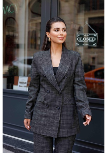 6 Düğmeli Kruvaze Ekose Takım Siyah Siyah