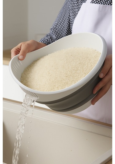 5'li Akordiyon Süzgeç Seti - Pirinç, Oval, Yuvarlak, Saplı, Kare Süzgeç - Katlanır Süzgeç Seti Beyaz - Gri