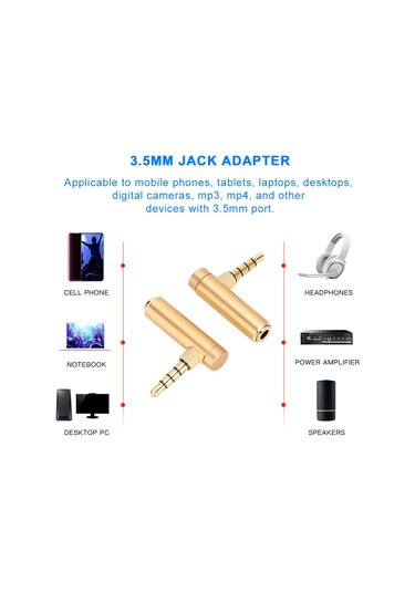 Fosenze 2 Adet 90 Derece L Tipi 3.5mm Mikrofonlu Kulaklık Uyumlu Ses Çevirici Adaptörü, Gold Metal Kasa, Cep Telefonu-tablet-bilgisayar Uyumlu