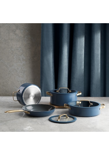 Schafer Sapphire 7 Parça Seramik Tencere Seti-mavi/gold