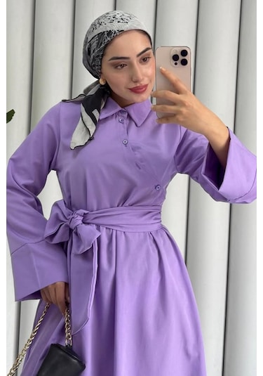 Bestenur Seliz Yandan Düğmeli Elbise 1528 - Lila Lila