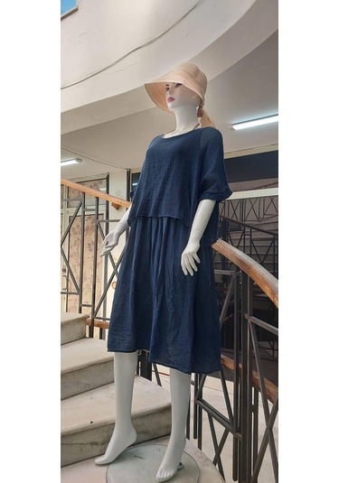 İtalyan Müslin Keteni Üstü File Bluzlu Astarlı Tek Parça Elbise Lacivert