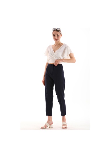 Yüksek Bel Pileli Filota Cep Görünümlü Dabıl Kumaş Pantolon Laciv Lacivert