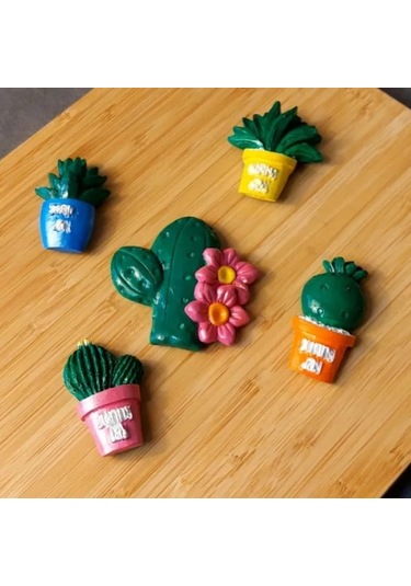 Uretti - Pınar 2572 - 5117 El Yapımı 5'li Tematik Minyatür Kaktüs Magnet - Koyu Yeşil 5