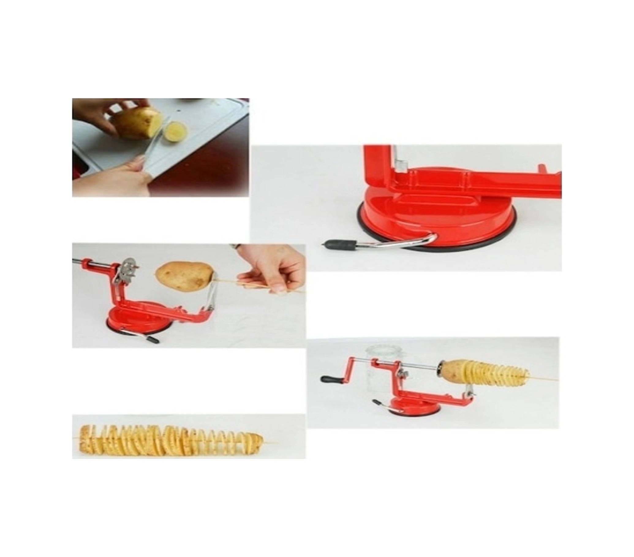Youtek El İle Devirli Patates Dilimleme Makinesi, Paslanmaz Çelik Bıçaklı Sebze-meyve Spiral Kesici, Alüminyum Gövde, Sürekli Kullanıma Dayanıklı Kırmızı
