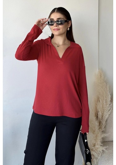 Kadın Kırmızı Polo Yaka Basic Bluz, Uzun Kol, Regular Kesim, Günlük Ve Spor Sweatshirt Kırmızı