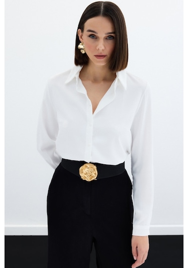 Sateen Düz Klasik Gömlek - Ekru-122325 Ekru