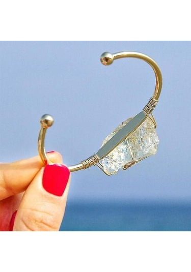 Doğal Taş Tel Wrap Düzensiz Kristal Kuvars Manşet Bakır Bilezik Gold-rose Quartz Altın - Bej