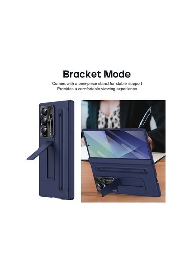 Samsung Galaxy Uyumlu Z Fold7 5g Kılıf Pc Cep Telefonu Kılıfı, Ayaklı Ve Kalemli - Mavi Mavi