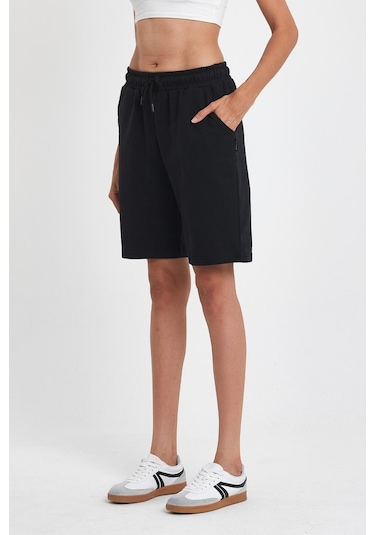 Kadın Rahat Kesim Beli Lastikli Mevsimlik Yumuşak Kumaş Cepli Siyah Uzun Bermuda Şort Mtlcb91 Siyah