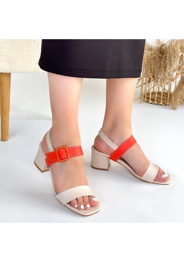 Year Bej Cilt Turuncu Detaylı Kadın Topuklu Ayakkabı Bej1