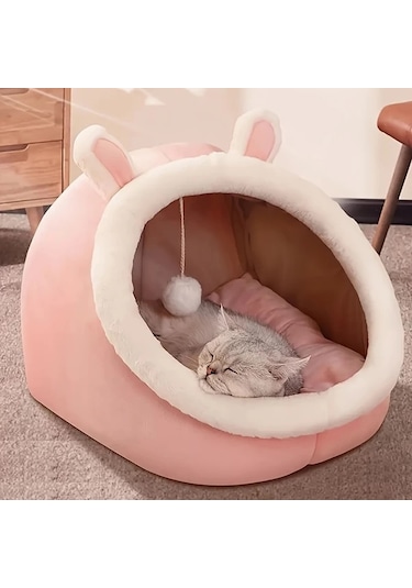 Honeybeeshop Katlanabilir Taşınabilir Küçük Ayı Karakterli Kedi Mağarası Rahat Süngerli Kedi Evi Yatağı
